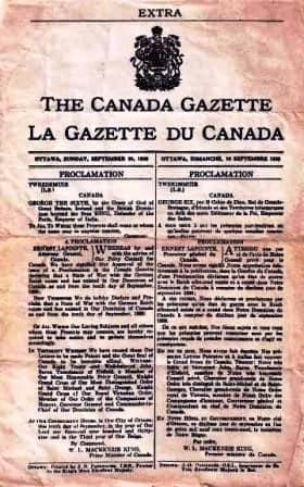 The Canada Gazette announcing that Canada has declared war on Germany and that it was declared separately from the United Kingdom