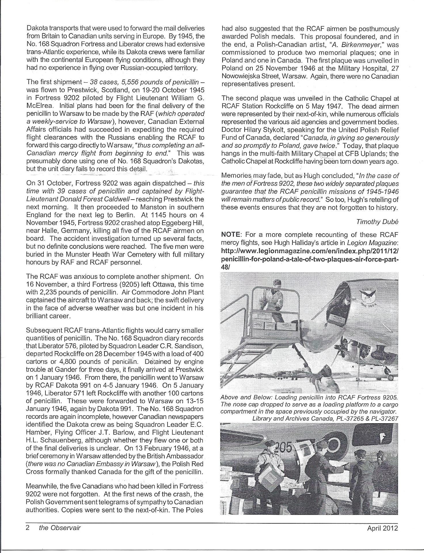 page 2 of the Observair article of Mission to Warsaw by Hugh Halliday