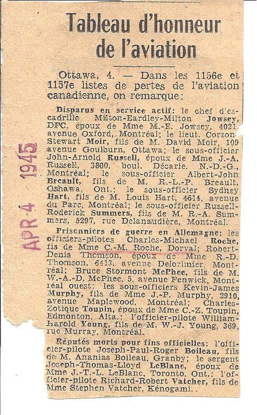 An announcement in a french newspaper from April 4, 1945 showing the missing in active service and the prisoners of war, including Charles.