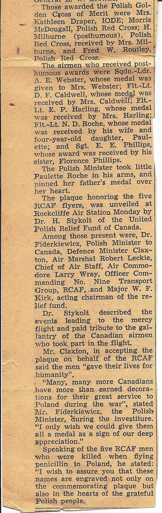 Newspaper article describing a ceremony to present the memorial plaque in honour of the five airmen.