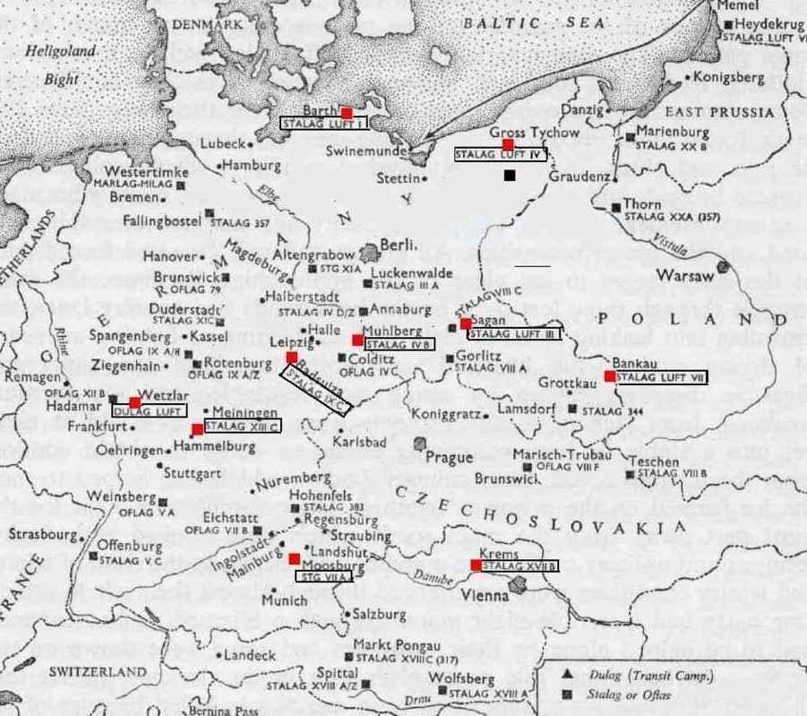 Map of Germany showing the prisoner transit camps and the Stalags, which were prisoner of war camps.