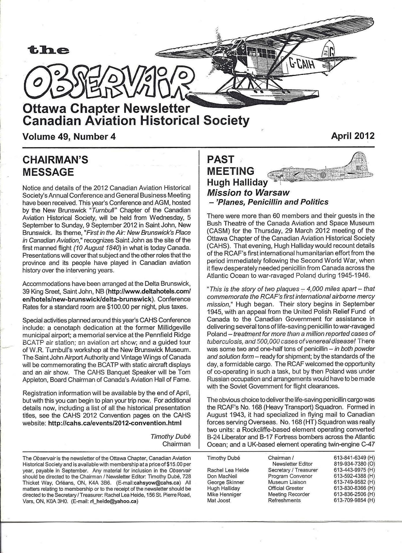 page 1 of Observair newsletter, start of the article Mission to Warsaw by Hugh Halliday
