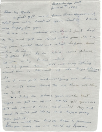 Letter from Mrs. Edna Hammond to Charlie asking if he has any info on her son. page 1
