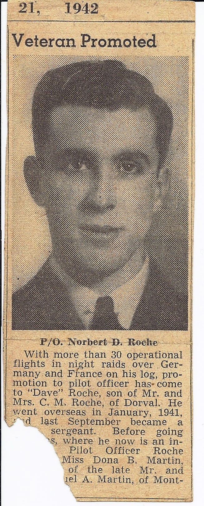 Veteran Promoted to Pilot Officer, Norbert Roche newspaper announcement, 1942
